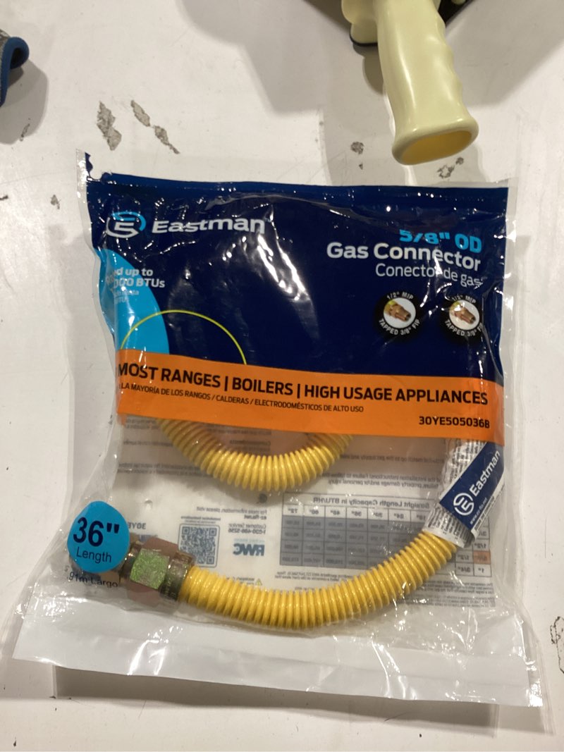 Condition photo showing Good Condition for Similar item 5/8 36”  EASTMAN 48-in 1/2 -in MIP Inlet x 1/2 -in MIP Outlet Stainless steel Gas connector