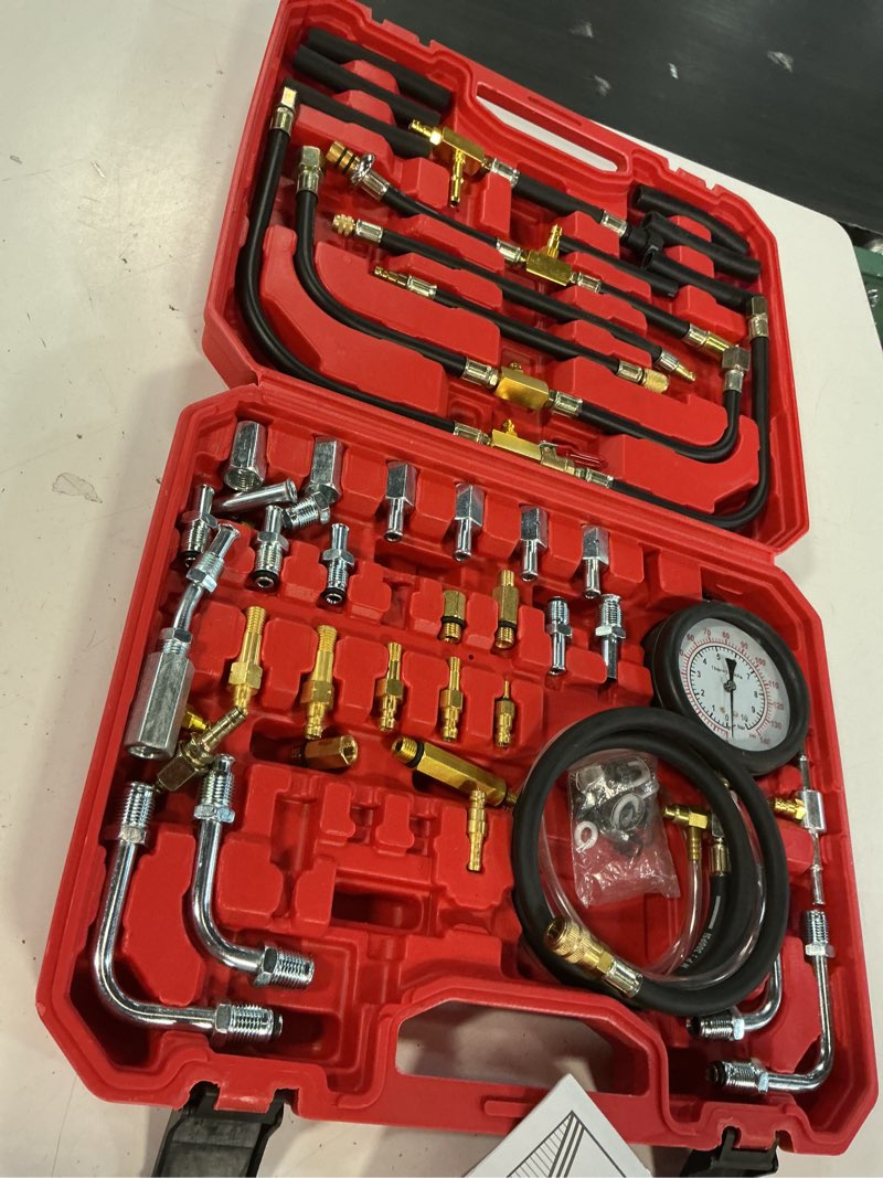 Condition photo showing As Is for fuel injection pressure tester kit, 0-140psi pro fuel pressure tester kit, car truck motorcycle diagnostic tool. (red)