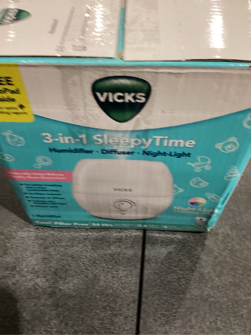 Condition photo showing New/Like New for Vicks Humidifier 3-in-1 SleepyTime Cool Mist Humidifier for Baby & Kids Rooms with Color Changing Ni