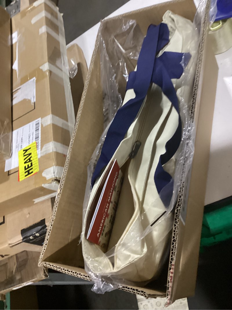Condition photo showing New/Like New for (similar to )yellow mountain imports american mahjong set, harbor tide with beige and blue canvas tote bag - 4 all-in-one racks with pushers, wright patterson scoring coins, dice, & wind indicator ivory