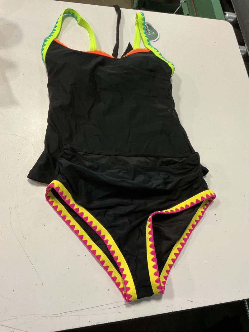 Condition photo showing Good Condition for eomenie tankini swimsuit for women tummy control ruched two piece bathing suits high waisted shell stitch swimwear black&colorful trims small