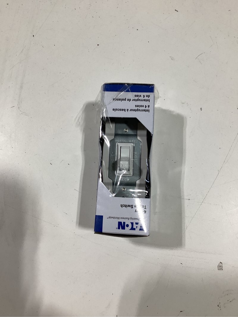 Condition photo showing As Is for eaton 15-amp 4-way toggle light switch, white