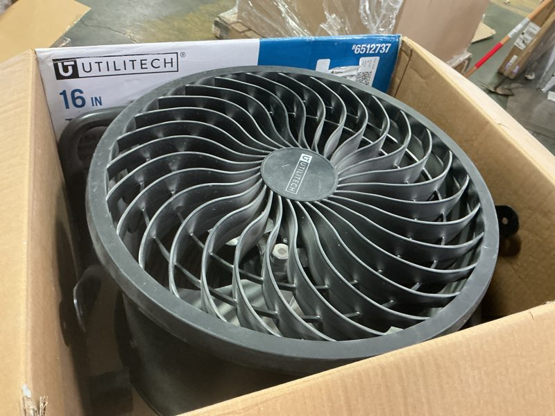Condition photo showing As Is for Utilitech 16”  Turbo Drum Fan Black Finish 