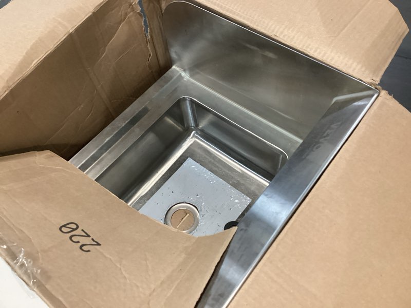 Condition photo showing As Is for vevor commercial hand sink 17x12.8 inch stainless steel sink with faucet & side splash, wall-mount small hand basin for restaurant, kitchen, bar, garage, home