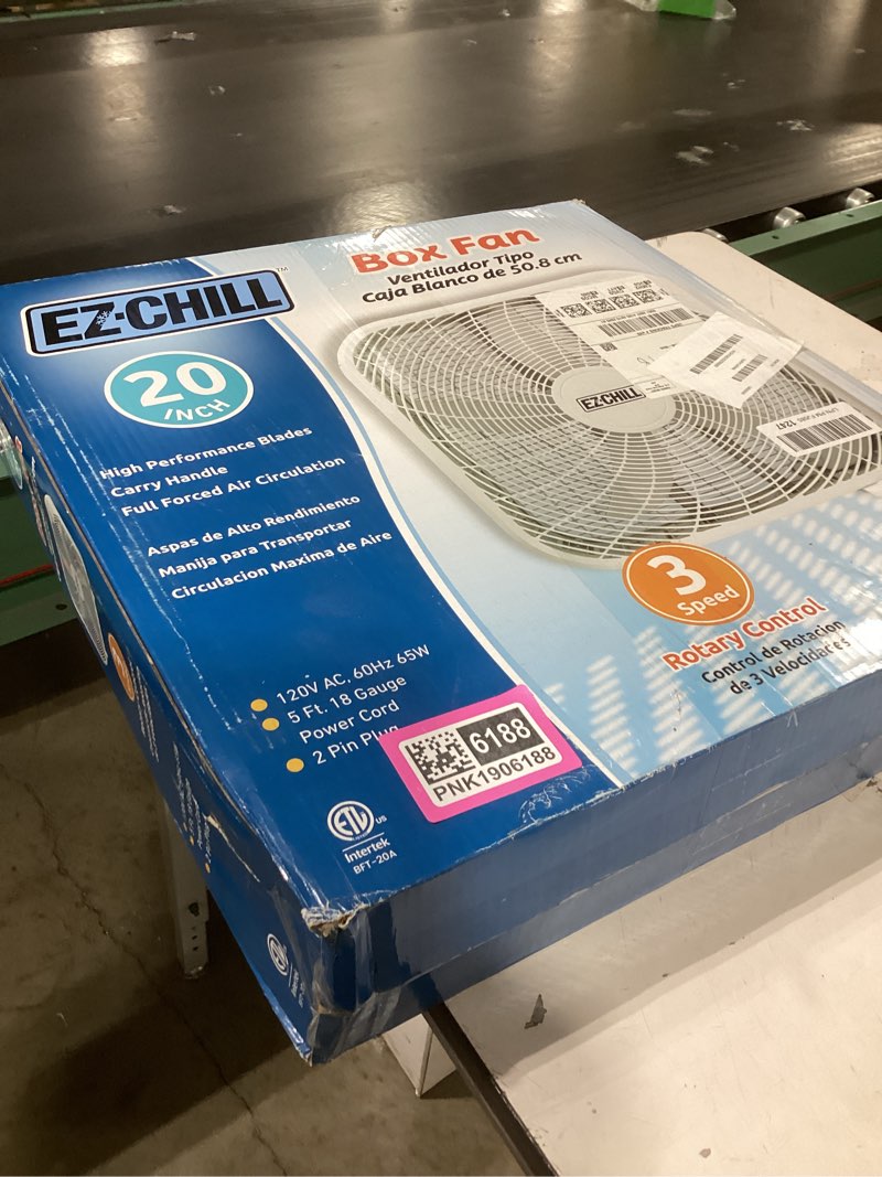 Condition photo showing New/Like New for EZ-CHILL 20" Box Fan, 3 Speed Ful Force Air Circulation, Ideal for Home, Bedroom, & Office, White