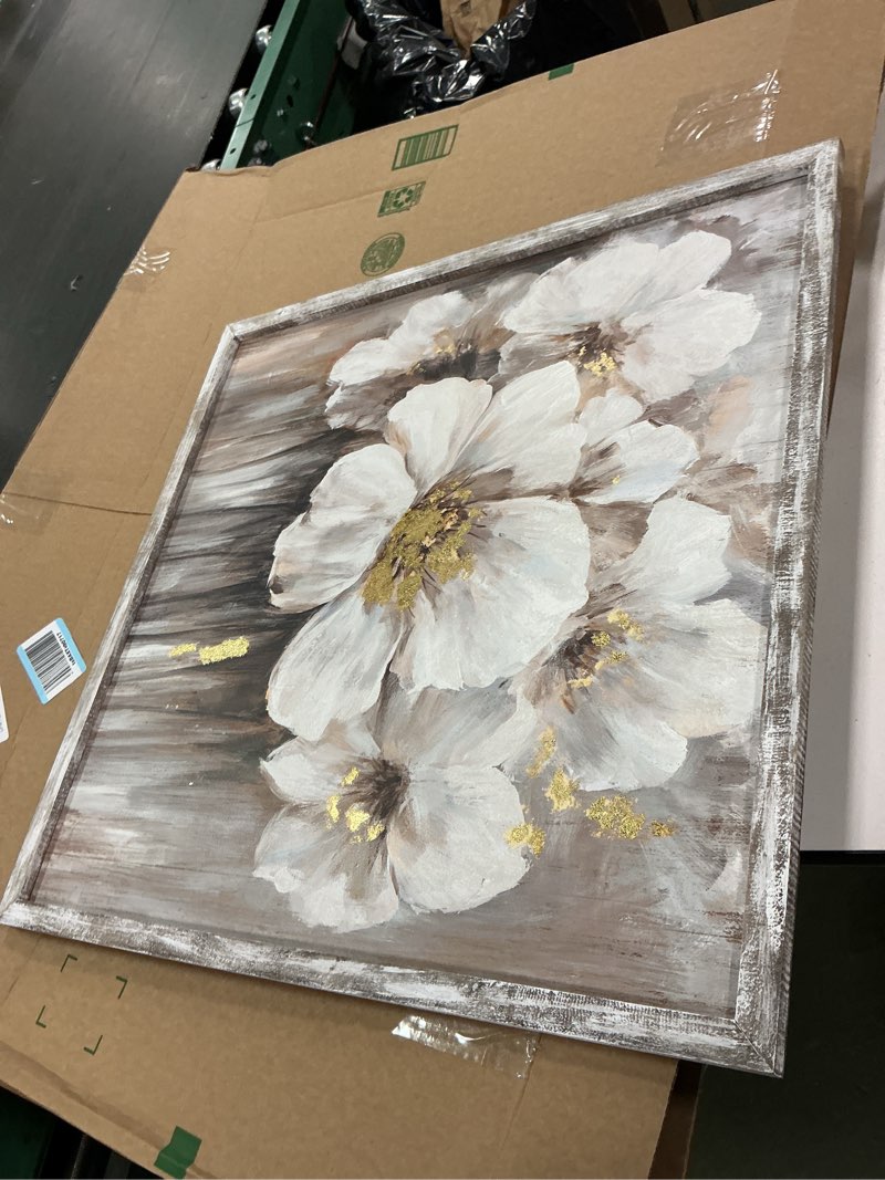 Condition photo showing Good Condition for Floral Pictures Wooden Artwork Framed: White Lily Wall Art Botanical with Golden Foil Paintings on Wood Plank for Bedroom (12”W x 12”H, Multi-Sized/Material) 12"L x 12"W wooden