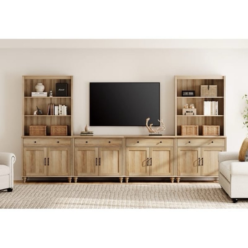 Farmhouse TV Stand With Bookshelves For, Modern Entertainment Center With Storage Cabinet, TV Console For Living Room, Bedroom