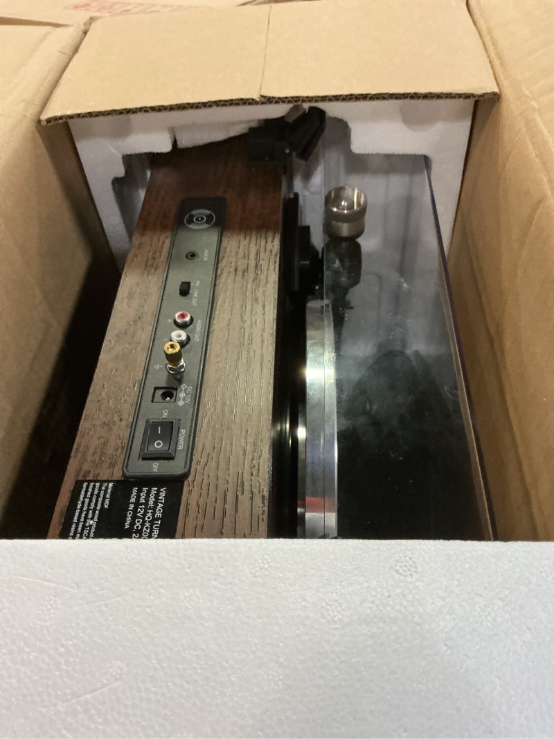 Condition photo showing As Is for Turntable Record Player with Built-in Speakers, Vinyl Record Player Support Bluetooth Playback Auto Stop 33&45 RPM Speed RCA Line Out AUX in All-in-one Belt-Drive Turntable for Vinyl Records Brown