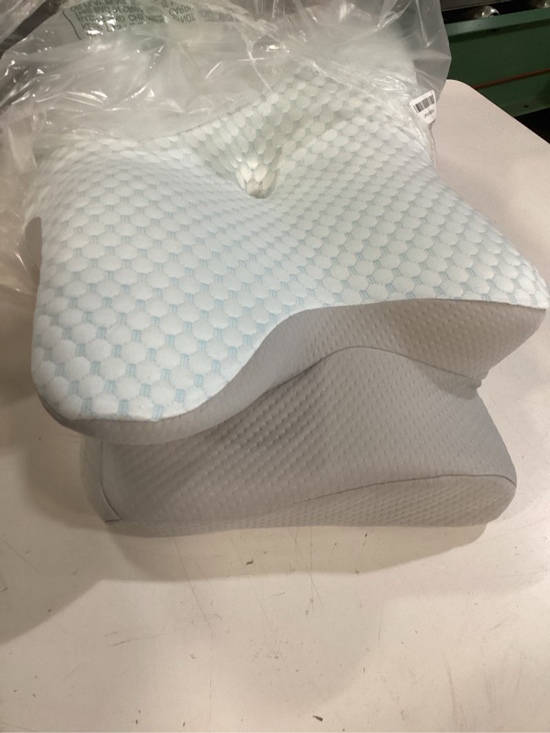Condition photo showing As Is for cervical neck pillow for pain relief, memory foam contour orthopedic pillow, ergonomic cooling neck support pillow for side back stomach sleepers, bed pillow for sleeping comfort blue