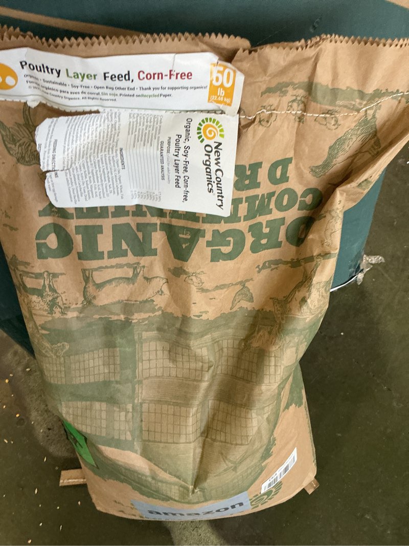 Condition photo showing As Is for (Unknown Exp) New Country Organics | Corn-Free Classic Layer Chicken Feed for Laying Hens | Corn-Free and Soy-Free | 17% Protein | Certified Organic and Non-GMO Chicken Food | 50lbs Bag Corn Free 50 Pound (Pack of 1)