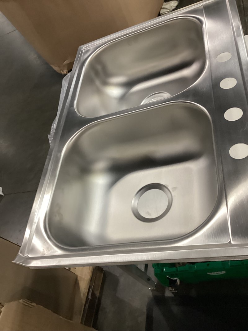 Condition photo showing As Is for elkay lustertone® classic stainless steel 33\" x 22\" x 8-1/8\" 4-hole equal double bowl drop-in sink