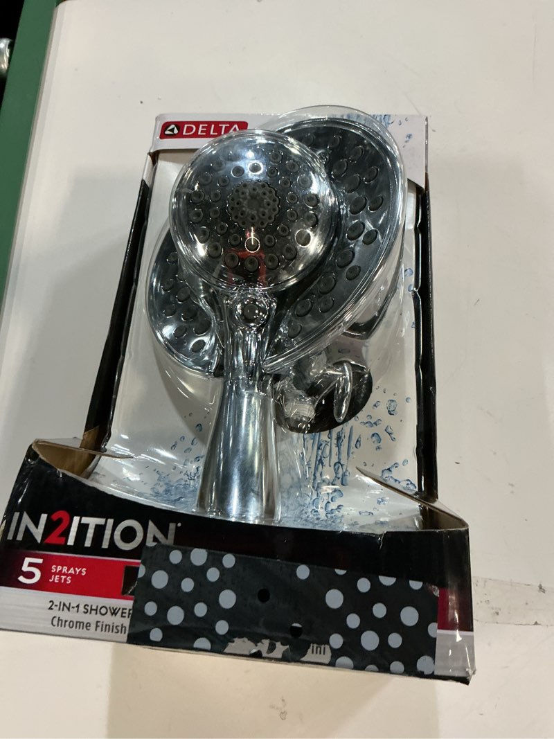 Condition photo showing New/Like New for delta faucet 5-spray in2ition 2-in-1 dual shower head with handheld spray, chrome hand held shower head with hose, handheld shower heads, 2.5 gpm shower head, chrome 58569-25-pk chrome without lumicoat