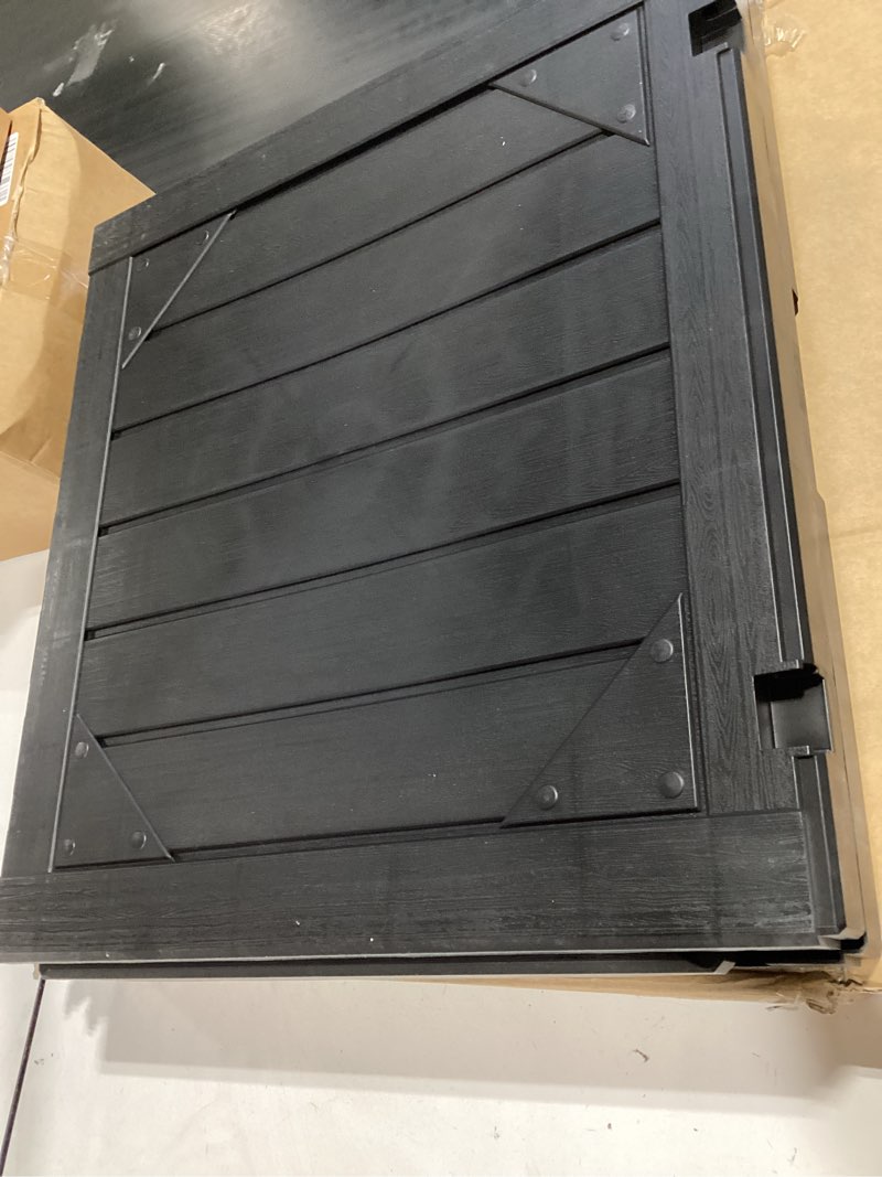 Condition photo showing Good Condition for outdoor storage box,30 gallon deck box outdoor storage bench outside waterproof resin storage bench, lockable patio cushions, garden tools storage for furniture, uv resistant(black) black 30 gallon