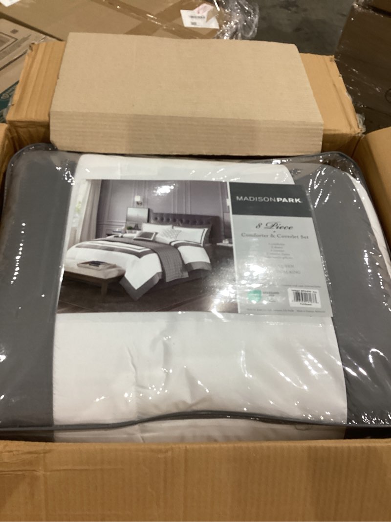 Condition photo showing Good Condition for madison park heritage comforter quilt combo set - modern luxury design, all season down alternative bedding, matching shams, decorative pillows, king/cal king(104"x92"), color block grey 8 piece king/cal king heritage color block grey
