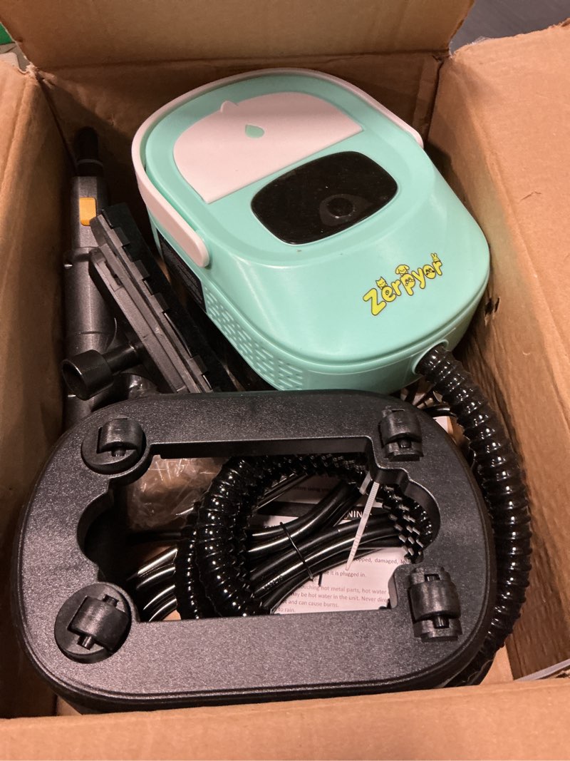 Condition photo showing As Is for steam mop, 19 in 1 detachable steam cleaner, 54oz tank, 10s heat-up, pressurized deep cleaning steamer, 3-level temp & 221°f for floors, carpets, tiles, bbq grill, car, window (mint green)