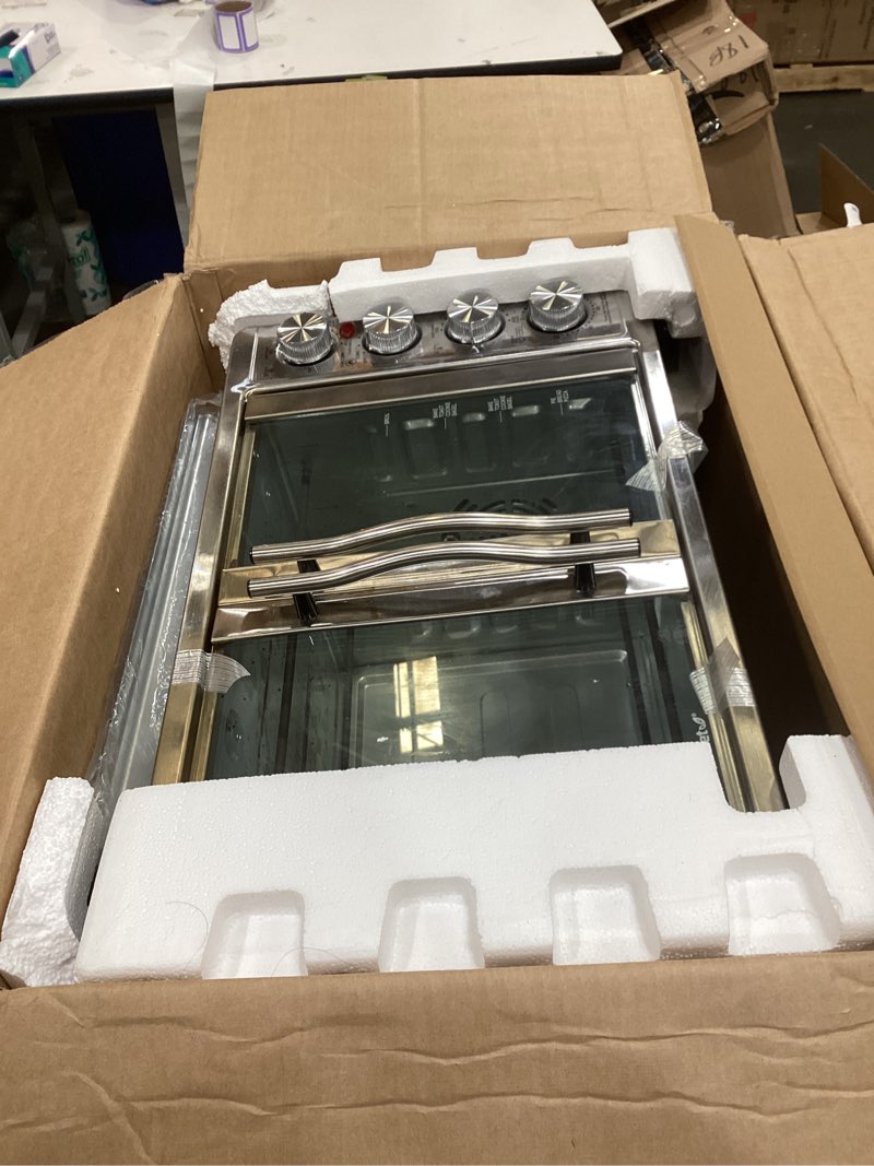 Condition photo showing As Is for elite gourmet eto4510b french door 47.5qt, 18-slice convection oven 4-control knobs, bake broil toast rotisserie keep warm, includes 2 x 14" pizza racks, stainless steel 18-slice, 45l