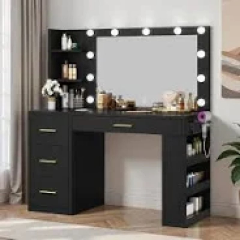 YITAHOME Vanity Desk with Mirror & Lights, Makeup Vanity Table Set with Power Outlet, 4 Drawers, 6 O