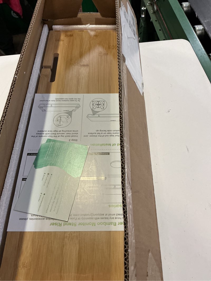 Condition photo showing New/Like New for bamboo monitor stand riser with drawer, ergonomic computer riser for desk with cable management & storage organizer, wood monitor stand for home office