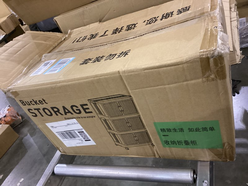 Condition photo showing As Is for 3-Tier Stackable Storage Bins with Lids & Open Front Design, Foldable Storage Bins with Wheels for Home Organization, Collapsible Space Saving Multi-Layer Storage Organizer, 35QT 35QT 3 Packs