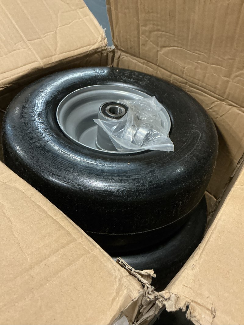 Condition photo showing Good Condition for 13x6.5-6 flat free tire and wheel, front solid 13x6.5-6 lawn mower tires with 3/4" & 1/2" bearing, zero turn mower assembly for commercial garden lawns, 5.5"-7.5" center hub, 2 pack
