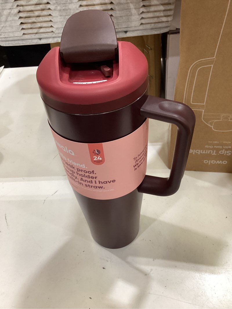 Condition photo showing Good Condition for owala freesip tumbler insulated stainless steel water bottle with built-in straw and side handle, for travel, work, school, and sports, 40oz, bpa free, leak proof, black cherry black cherry 40 ounces