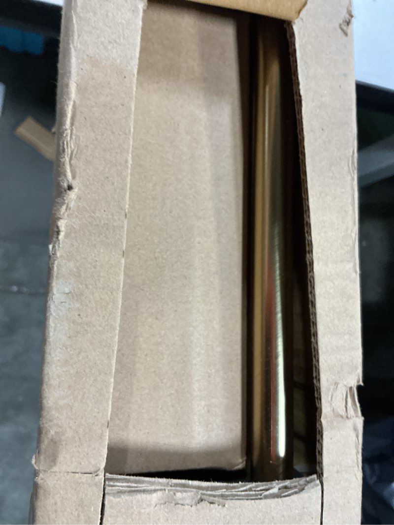 Condition photo showing New/Like New for warm gold decorative curtain rod, 72-144 inches, adjustable dual curtain rod with round & barrel finials, 1-inch front and 5/8 inch back telescoping warm gold 72-144"