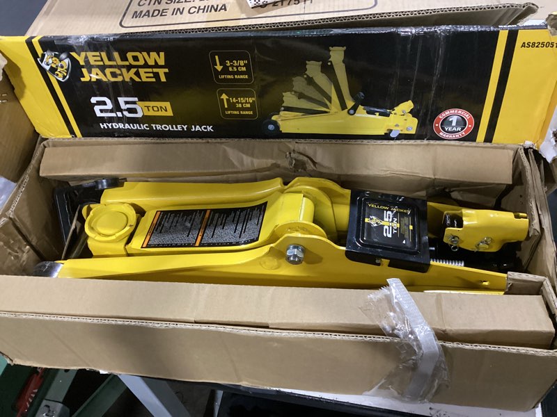 Condition photo showing As Is for yellow jacket 2.5 ton trolley jack hydraulic low profile floor jack for cars lift with single piston lift pump, 5500 lb capacity steel 2.5t low profile single pump