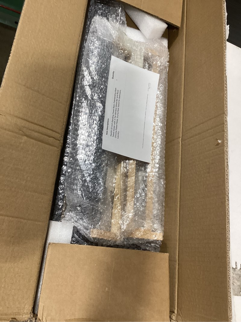 Condition photo showing Good Condition for MyGift 33 Inch Black Chrome Plated Metal Freestanding Bathroom Towel Rack Stand with 3 Tier Bamboo Wood Bar, Laundry Room Drying Rack Stand