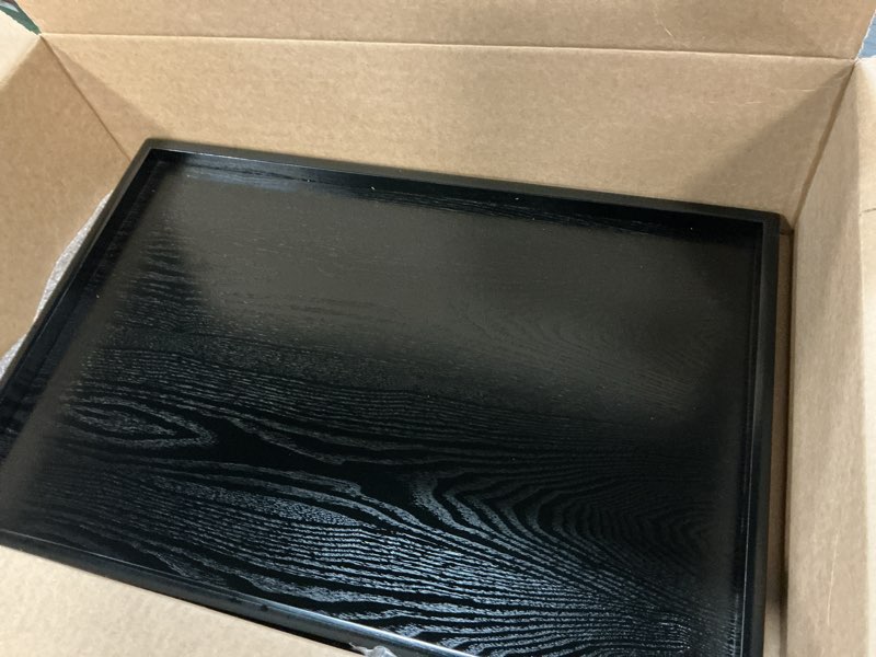 Condition photo showing Good Condition for 24 x 16 Inches Extra Large Solid Wood Serving Tray for Tea Coffee Table Snack Food Meals Serving Plate Kitchen Party Bar Breakfast Server with Raised Edges Black Wooden Decorative Ottoman Tray 23.6" x 15.7" x 1.2"