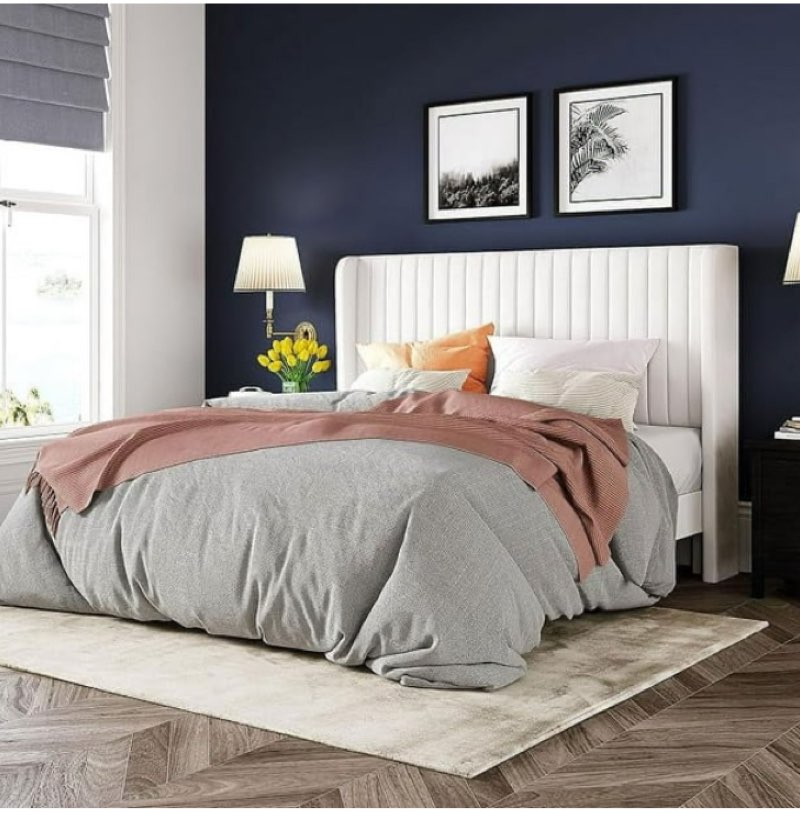 Allewie Queen Size Velvet Bed Frame/Vertical Channel Tufted Wingback Headboard/Upholstered Platform Bed/Strong Wooden Slats/No Box Spring Needed/Easy Assembly/White