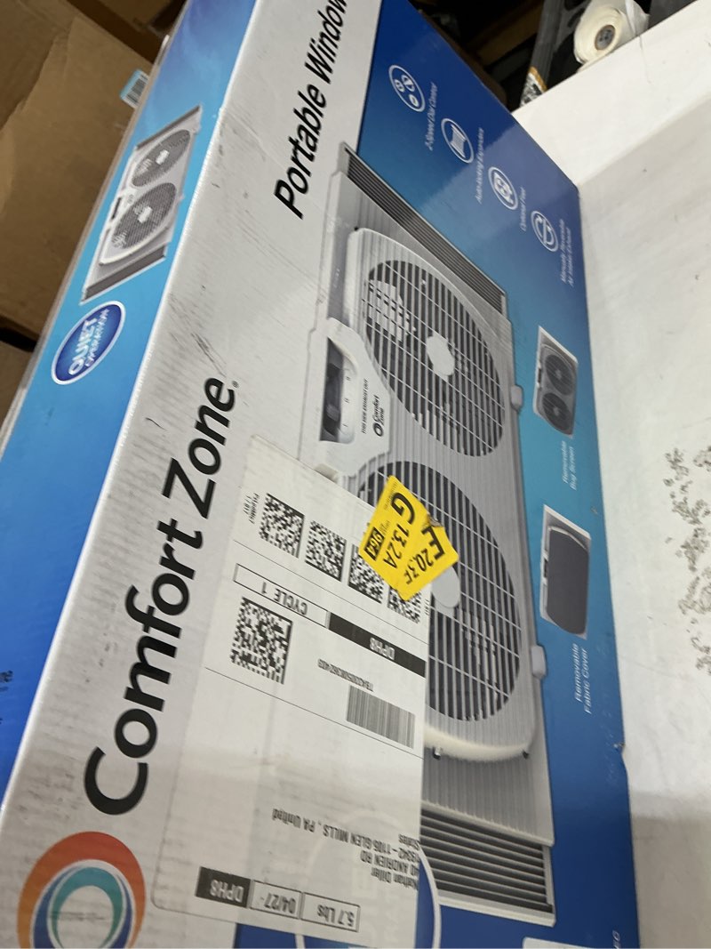Condition photo showing Good Condition for comfort zone twin window fan with reversible airflow control, 9 inch, auto-locking expanders, 2 speed fan, dual fan, exhaust, airflow 9.84 ft/sec, ideal for home, kitchen, bedroom & office, cz319wt white 9"