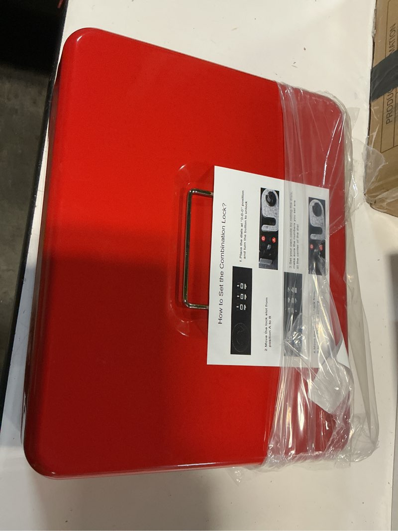 Condition photo showing As Is for cash box with money tray and combination lock metal money box for cash tiered lock box for money 11.8" x 9.4" x 3.54" red red with combination lock
