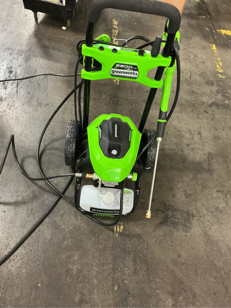 Condition photo showing As Is for greenworks 2200-psi 1.2-gpm cold water electric pressure washer with 4 spray tips