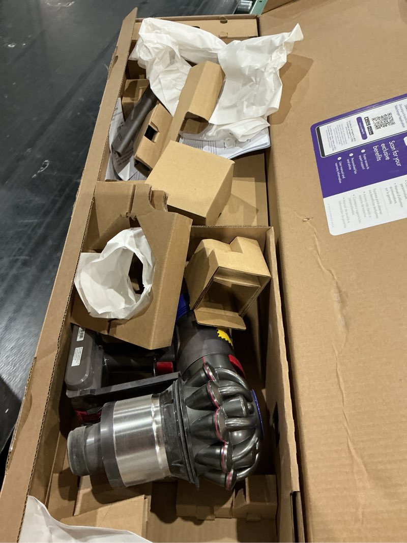 Condition photo showing As Is for dyson v15 detect plus cordless vacuum, illumination reveals dust, 240aw, 3 power modes, up to 60 minutes,² deep cleans hard floors and carpets, detangles pet hair, converts to handheld