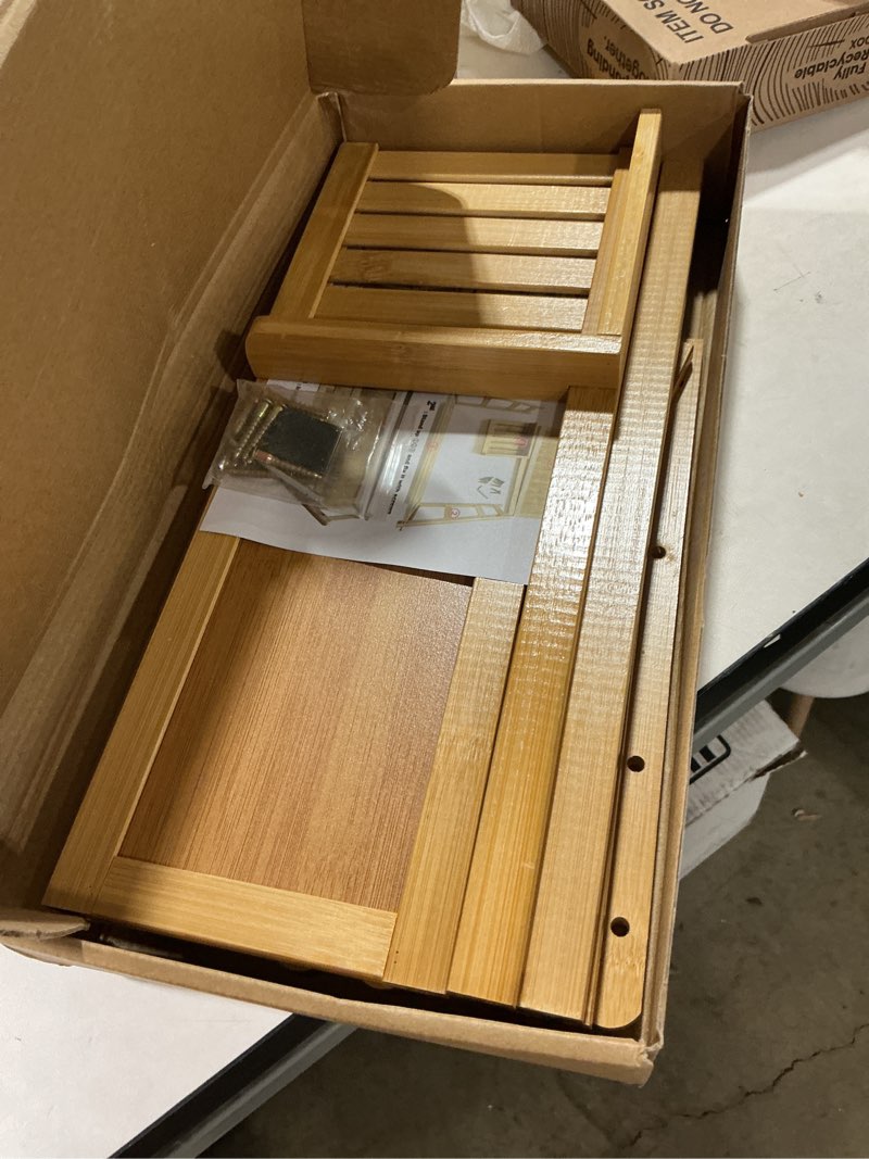 Condition photo showing Good Condition for 3 tier bamboo matcha station, coffee station organizer shelf with drawer for kitchen countertop, tea bar - matcha powder, tools & cup organizer for matcha lovers, home baristas. wood