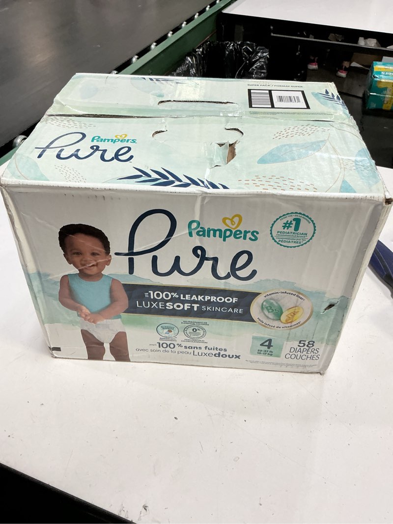 Condition photo showing New/Like New for pampers pure protection baby diapers, size 4 (22-37 lbs), 58 count, up to 100% leakproof, premium plant-based skin protection, hypoallergenic soft diapers size 4 58