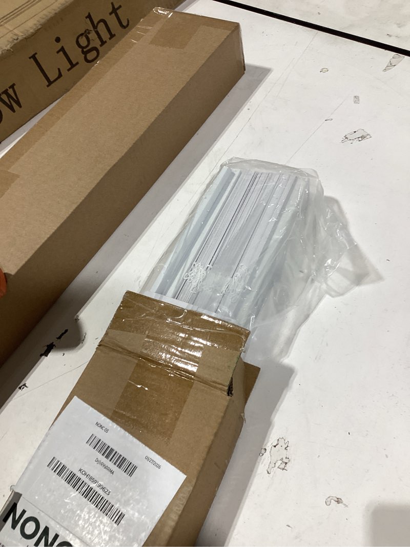 Condition photo showing New/Like New for cordless vinyl mini l blinds 25" w x 48" h, 1" slat white horizontal windows l blind for door, shades, camper, light filtering, interiors, arrive 1/2 inch narrower indoor 25"w x 48"h