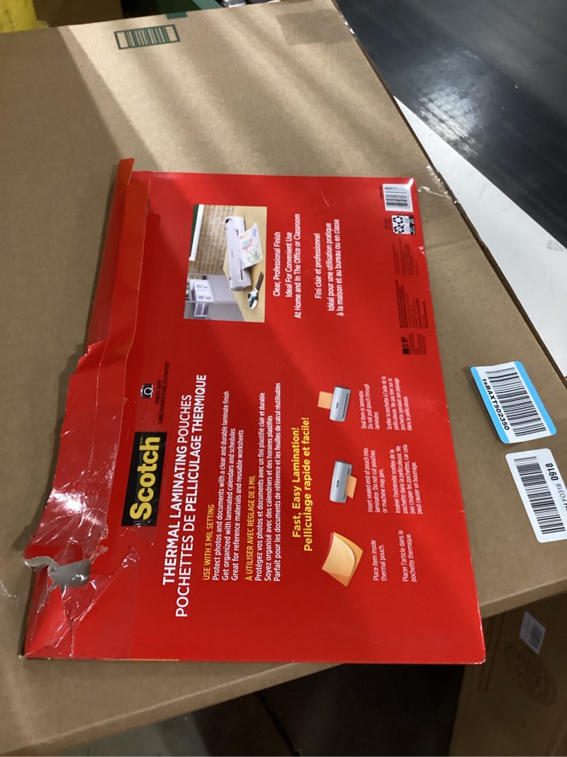 Condition photo showing As Is for Scotch Thermal Laminating Pouches, Legal Size 11 x 17 Inches, 25 Pack Laminating Sheets, 3 Mil, Education Supplies & Craft Supplies, For Use With Thermal Laminators