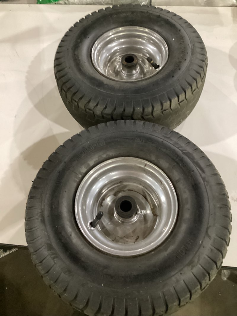 Condition photo showing Good Condition for only the tires**** gicool 15x6.00-6 rubber lawn mower tire and wheel, 2 pcs replacement 15x6-6nhs riding mowers lawn tire and wheel with bearing bore 3/4\", 3\" centered hub 15x6.00-6\"