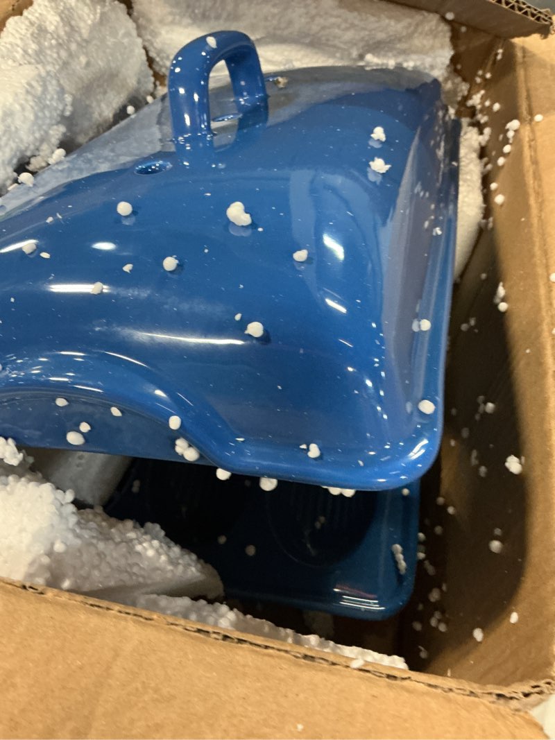 Condition photo showing Good Condition for demi baguette pan with lid for french bread – 3 slot blue bread baker tray – ceramic baguette mold for sub rolls, hoagie, italian loaf – easy-lift handle & vented crisp crust baking