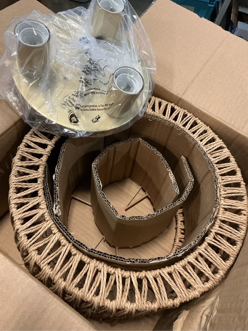 Condition photo showing Good Condition for rattan ceiling light fixture, 3 light bohemian modern woven ceiling light, boho flush mount ceiling light for bedroom living room dining room, bulb not included gold 3-light-round