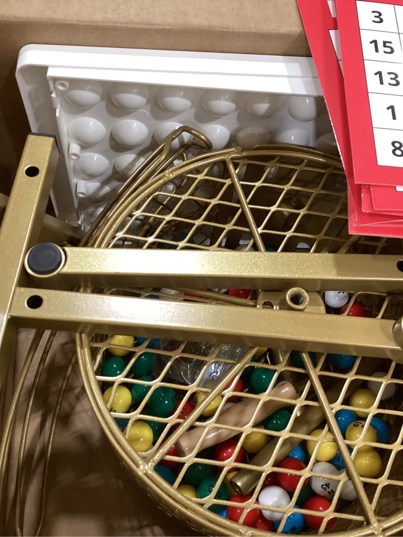 Condition photo showing As Is for augfir 12.6" tall bingo game sets with steel cage, professional bingo game for adults includes colorful chips, 30 cards and 75 balls, great for fun family, large groups, parties