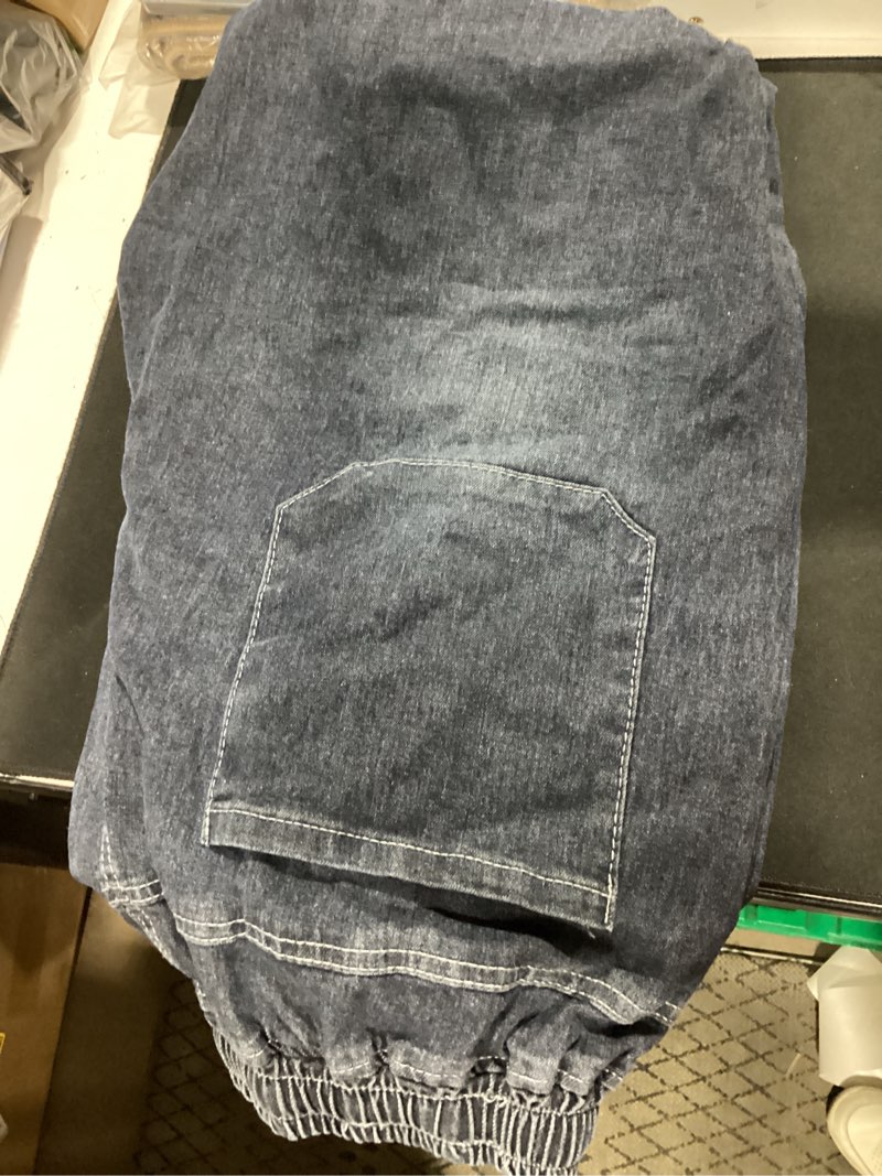 Condition photo showing Good Condition for (no size listed) hber mens denim joggers elastic drawstring waist pull on loose tapered ankle jeans baggy jean sweatpants dark blue medium