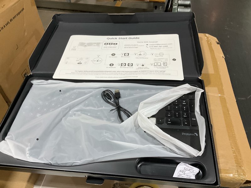 Condition photo showing Good Condition for protoarc backlit wireless ergonomic keyboard, ek01 plus full size ergo keyboard with wrist rest, split design, rechargeable, bluetooth and usb, natural typing compatible with windows/mac/android black