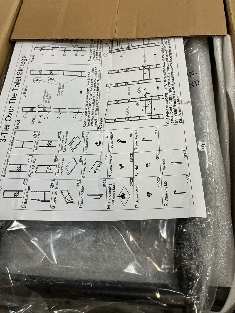 Condition photo showing New/Like New for over the toilet storage shelf 3-tier adjustable bathroom organizers and storage shelves bathroom rack above toilet storage with paper holder and 4 hooks space saver storage for laundry black