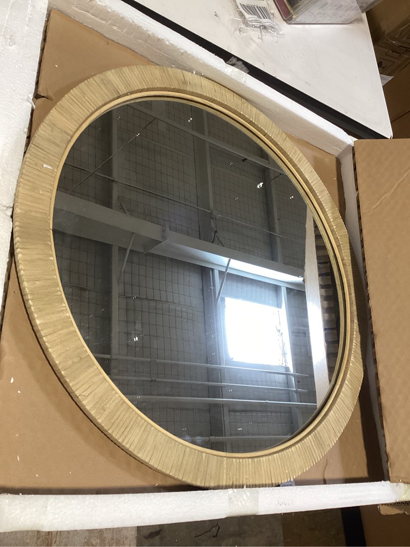 Condition photo showing New/Like New for barnyard designs round rattan wall mirror, natural tan woven rattan frame, indoor decorative mirror for bedroom living room entryway (25.5", round) round 25.5"l x 25.5"w