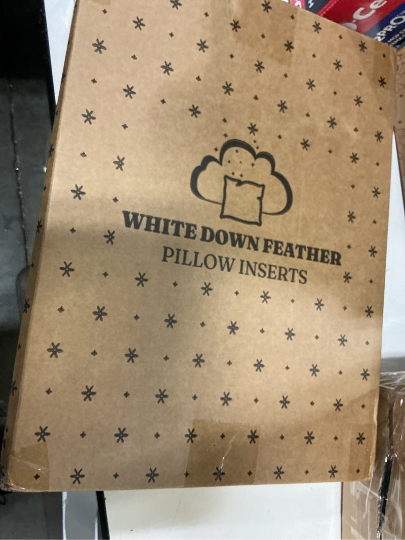 Condition photo showing New/Like New for oubonun 20 x 20 down feather throw pillow inserts | fluffy and plush natural feather fill - 100% breathable cotton fabric for couch sofa bed, white, pack of 2 2 20x20 inch (pack of 2)