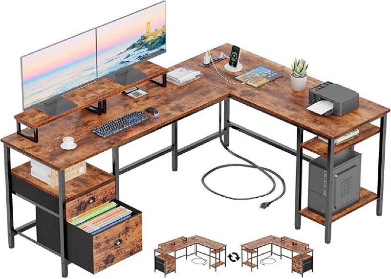  Incomplete)Furologee 66” L Shaped Desk with Power Outlet, Reversible Computer Gaming Desk with File Drawer & 2 Monitor Stands for Home Office with Storage Shelves, Rustic Brown\nVisit the Furologee Store