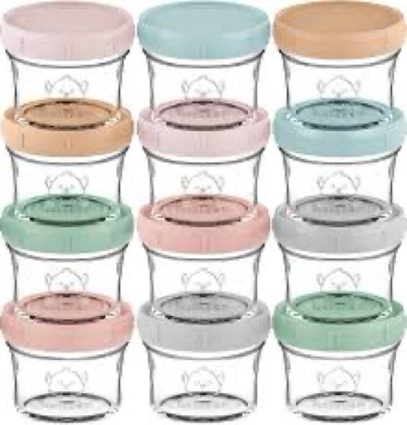 KeaBabies 12pk 4oz Glass Baby Food Containers with Lids - Leak-Proof, Microwavable Small Glass Jars,