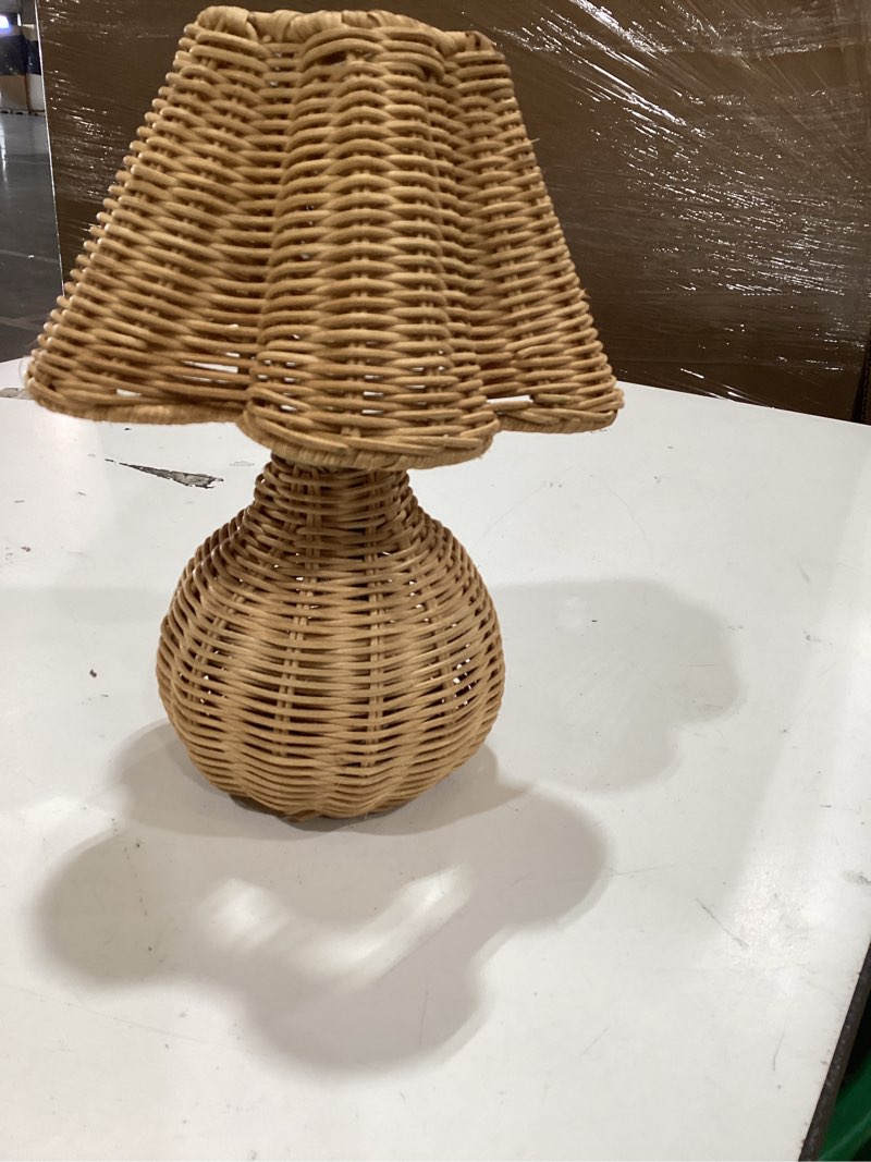 Condition photo showing As Is for better homes & gardens 9" rattan rechargeable portable lamp